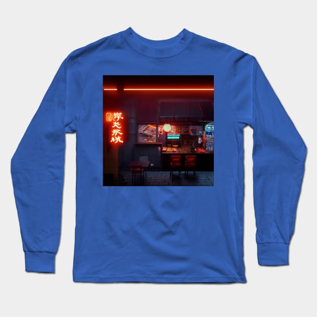 Cyberpunk Tokyo Ramen Shop Long Sleeve T-Shirt by Grassroots Green